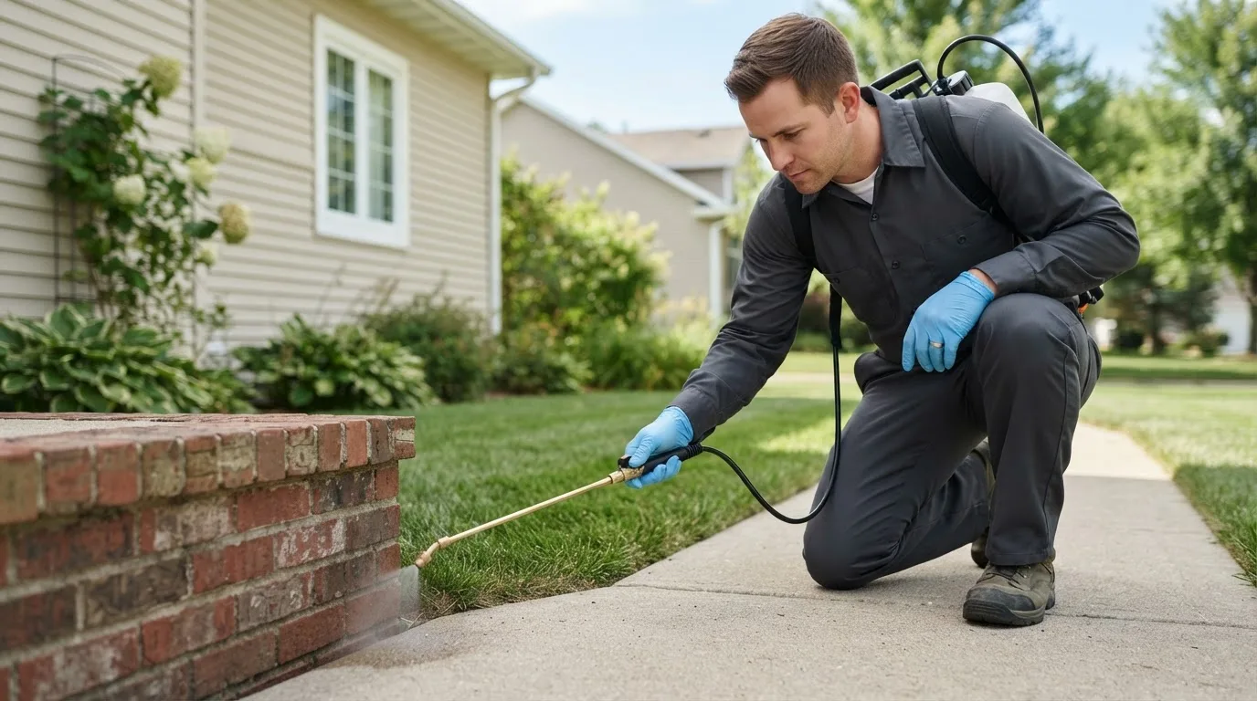 Pest control technician treating a home near Clarinda, IA