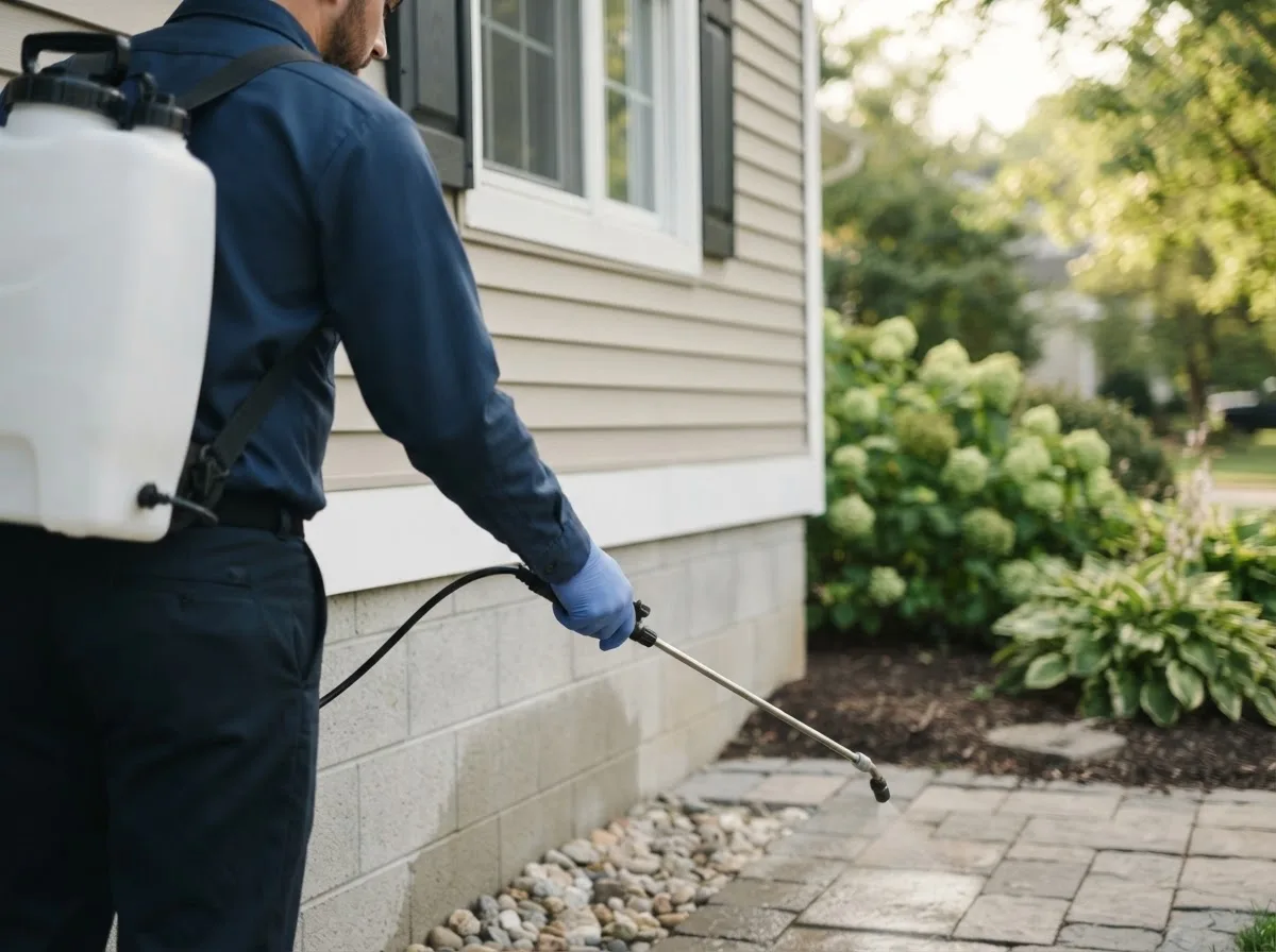 Pest control technician inspecting a home in Clarinda, IA